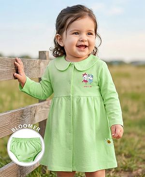 Babyhug Interlock Knit Full Sleeves Frock with Bloomer & Kitty Print - Light Green