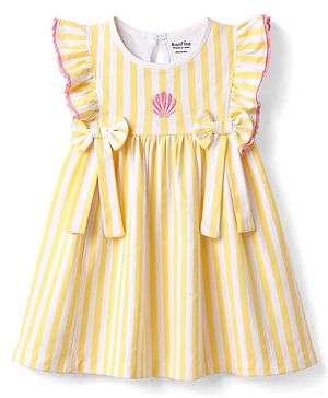 Bonfino Cotton Knit Flutter Sleeves Fit & Flare Striped Frock With Sea Shell Embroidery & Bow Applique - Yellow & White