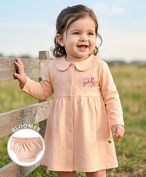 Babyhug Interlock Knit Full Sleeves Frock with Bloomer & Text Print - Pink