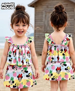 Babyhug Disney Knit Frill Sleeves Co-ords Two Piece Swimsuit with Minnie Mouse Print - Multicolor