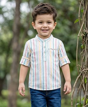 Babyhug 100% Cotton Woven Full Sleeves Striped Kurta Shirt With Mandarin Collar - Multicolour