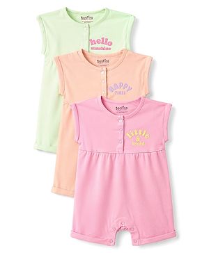Bonfino 100% Cotton Knit Sleeveless Text Printed Romper Pack Of 3 - Multicolor