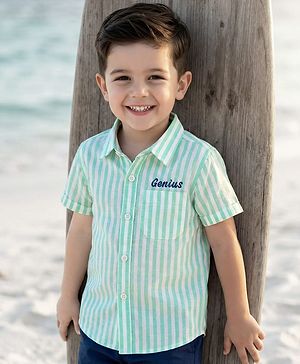 Babyhug Cotton Woven Half Sleeves  Striped Shirt with Genuis Text Embroidery - Green