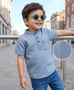 Babyhug Cotton Woven Half Sleeves Mandarin Collar Dino Printed Kurta Shirt - Blue