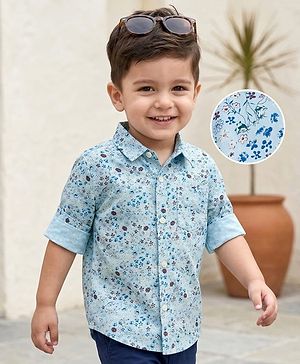 Babyhug Cotton Woven Full Sleeves Floral Printed Shirt - Light Blue