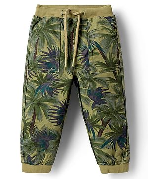 Babyhug Cotton Lycra Woven Full Length Beach Theme Printed Joggers Pant With Stretch - Olive Green