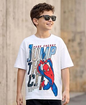 Pine Kids Marvel Single Jersey Knit Half Sleeves Drop Shoulder Shirt With Spider Man Graphics - White