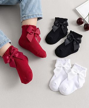 Cute Walk by Babyhug Non Terry Knit Ankle Length Solid Party Socks With Bow Applique Pack of 3 - Multicolor