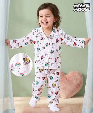 Babyhug Disney Cotton Woven Full Sleeves Minnie Mouse Printed Shirt & Pyjama Co-Ord Night Suit - White