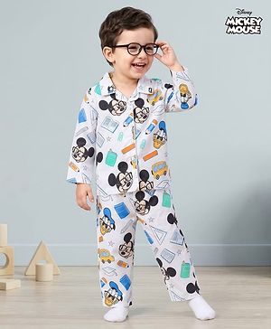 Babyhug Disney Cotton Woven Full Sleeves Mickey Mouse Printed Shirt & Pyjama Co-Ord Night Suit - White