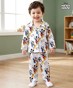 Babyhug Disney Cotton Woven Full Sleeves Co-ords Shirt & Pajama Night Suit with Mickey Mouse Print - Multicolor