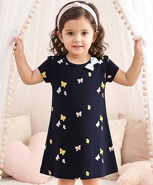 Babyhug Single Jersey Knit Half Sleeves Frock With Butterfly Print - Black