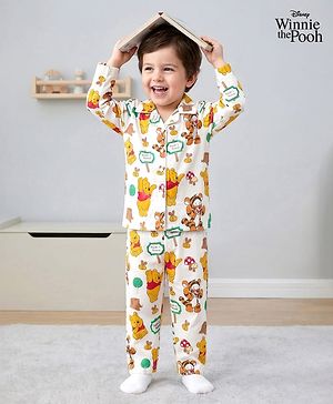 Babyhug Disney 100% Cotton Woven Full Sleeves Front Open Co-Ords Shirt & Pyjama Night Suit With Winnie the Pooh Print - Multicolour