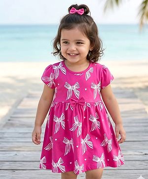 Babyhug Single Jersey Knit Half Sleeves Frock With Bow Print & Applique - Fuchsia