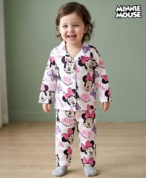 Babyhug Disney Cotton Woven Full Sleeves Co-ords Shirt & Pajama Night Suit with Minnie Mouse Print - Multicolor