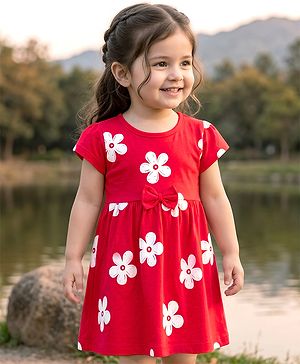 Babyhug 100% Cotton Knit Half Sleeves Floral Printed Frock With Bow Applique - Red
