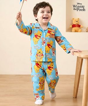 Babyhug Disney Cotton Woven Full Sleeves Shirt & Pyjama Co-ord Night Suit With Winnie The Pooh Print - Light Blue