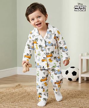 Babyhug Disney Cotton Woven Full Sleeves Co-ords Night Suit With Dino Print - White