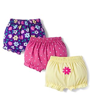 Babyhug 100% Cotton Knit Bloomers with Floral Print Pack of 3 - Yellow Purple & Pink