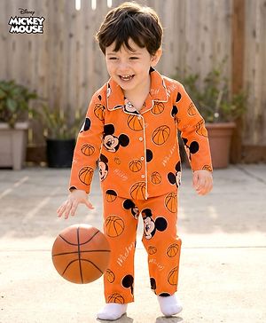 Babyhug Disney 100% Cotton Woven Full Sleeves Front Open Shirt & Pyjama Co-Ord Night Suit With Micky Mouse Print - Orange
