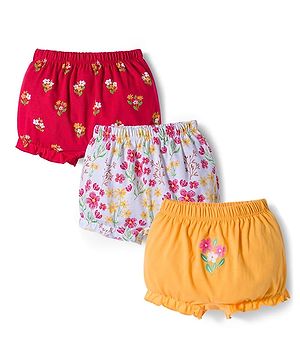 Babyhug 100% Cotton Knit Bloomers with Floral Print Pack of 3 - Yellow White & Red