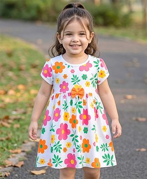 Babyhug 100% Cotton Knit Half Sleeves Floral Printed Frock With Bow Applique - White