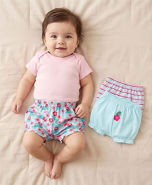 Babyhug 100% Cotton Single Jersey Knit Bloomer With Floral Print Pack Of 3 - Light Blue & Pink