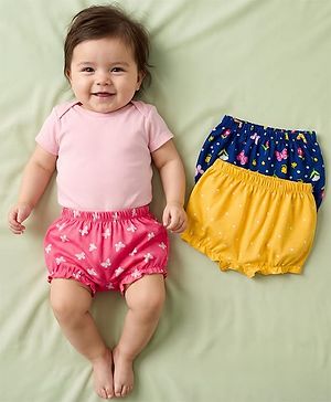 Babyhug 100% Cotton Single Jersey Knit Bloomers With Floral Print Pack Of 3 - Yellow Navy Blue & Pink