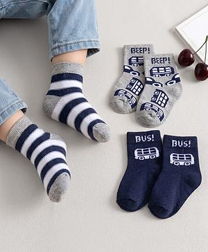 Cute Walk by Babyhug Non Terry Knit Ankle Length Anti Bacterial Socks With Stripes & Bus Design Pack of 3 - Grey Navy Blue & White