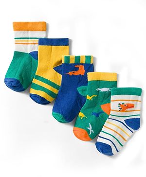 Cute Walk by Babyhug Non Terry Knit Ankle Length Anti Bacterial Socks With Stripes & Dinosaur Design Pack of 5 - Multicolour