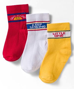 Cute Walk by Babyhug Non Terry Knit Ankle Length Anti Bacterial Socks With Text Design Pack of 3 - Yellow Red & White