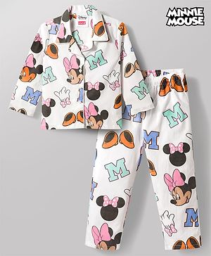 Babyhug Disney 100% Cotton Woven Full Sleeves Front Open Co-Ords Shirt & Pyjama Night Suit With Minnie Mouse Print - White