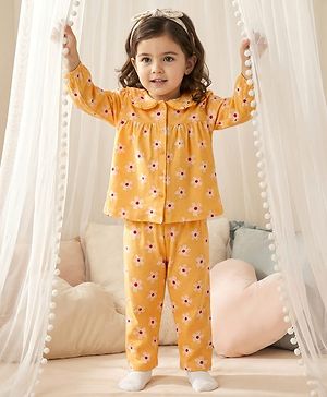 Babyhug Cotton Knit Full Sleeves Top & Pyjama Co-ord Night Suit With Floral Print - Yellow