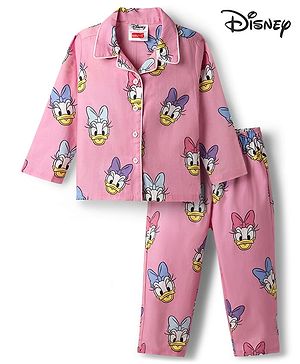 Babyhug Disney Cotton Woven Full Sleeves Shirt & Pyjama Co-ord Night Suit with Minnie Mouse Print - Pink