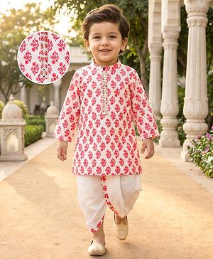 Babyhug Cotton Woven Full Sleeves Floral Printed Kurta Dhoti Set - White