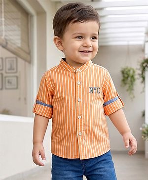 Babyhug Cotton Woven Full Sleeves Striped Shirt With NYC Embroidery - Orange