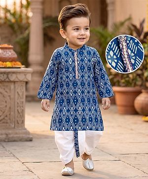 Babyhug Cotton Woven Full Sleeves Cambric Digital Printed Kurta Dhoti Set - Blue