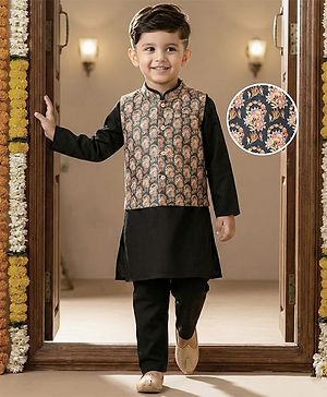 Babyhug Cotton Woven Full Sleeves Kurta Pajama Set with Digital Floral Printed Jacket - Black