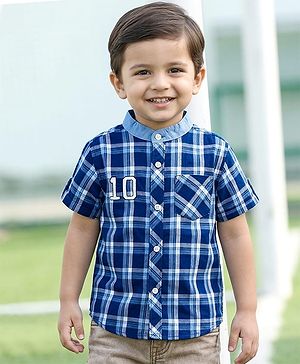 Babyhug Cotton Woven Half Sleeves Mandarin Collar Checked Shirt - Navy Blue