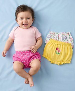 Babyhug 100% Cotton Single Jersey Knit Bloomers With Floral Print Pack Of 3 - Yellow White & Pink