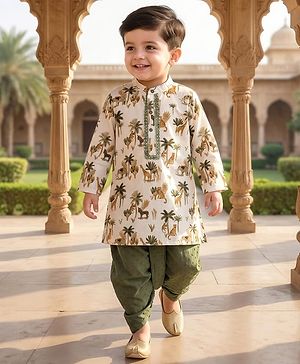 Babyhug Cotton Woven Full Sleeves Cambric Jungle Theme Digital Printed Kurta Dhoti Set - White & Green