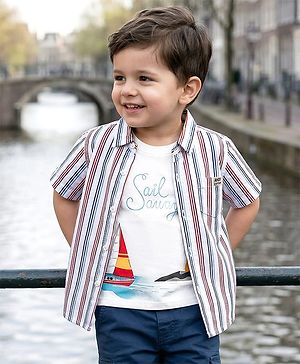 Babyhug Cotton Woven Half Sleeves Striped Shirt with Boat Printed T-Shirt- White
