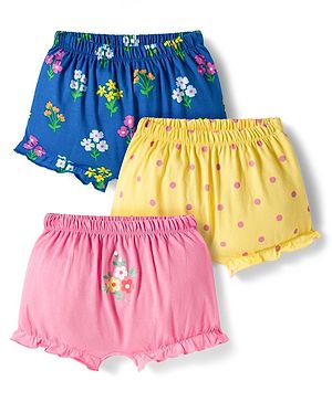 Babyhug 100% Cotton Knit Bloomers with Floral & Polka Dot Print Pack of 3 - Yellow Blue & Pink