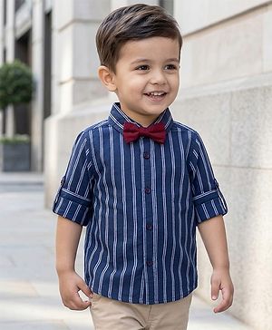 Babyhug Cotton Woven Full Sleeves Striped Shirt with Bow - Navy Blue
