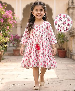 Babyhug Cotton Woven Three Fourth Sleeves Floral Printed Ethnic Dress - White