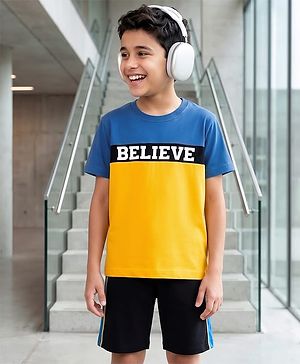 Pine Kids Single Jersey Knit Half Sleeves T-Shirt & Shorts Set with Believe Print - Blue Yellow & Black
