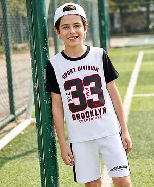 Pine Kids Single Jersey Knit Half Sleeves Numerical & Text Printed T-Shirt & Shorts Set - White