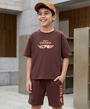 Pine Kids Single Jersey Knit Drop Half Sleeves T-Shirt & Shorts Set with Game Print - Brown