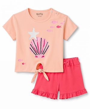 Bonfino 100 % Cotton Knit Half Sleeves Oversized T-Shirt & Shorts Set With Sea Shell Print & Sequin Detailing - Peach & Dark Pink