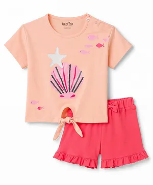 Bonfino 100 % Cotton Knit Half
                              Sleeves Oversized T-Shirt & Shorts Set
                              With Sea Shell Print & Sequin
                              Detailing - Peach & Dark Pink
